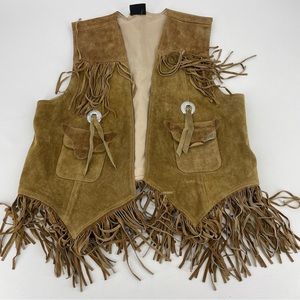 Vintage Suede Fringe Vest - Tan with concho details